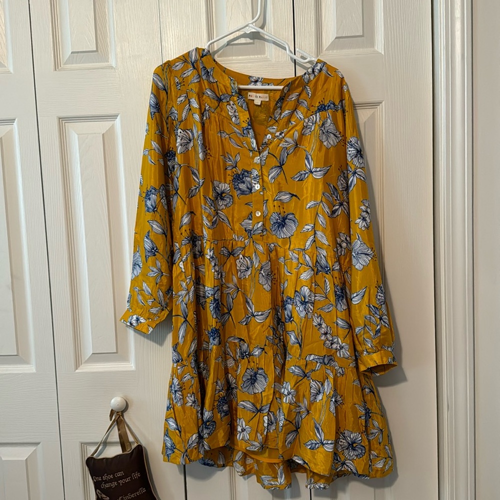 Roller Rabbit Mustard Floral Long-Sleeve Tiered Dress with Blue Print